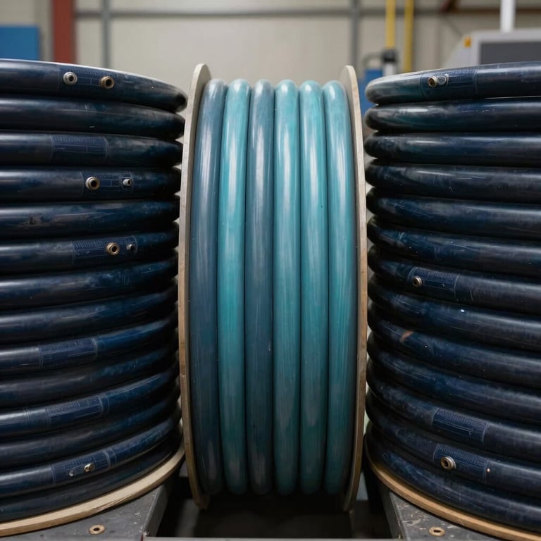Symmetrical shot of high-quality industrial power cables in a dark navy and soft aqua utility room in North America / US.
