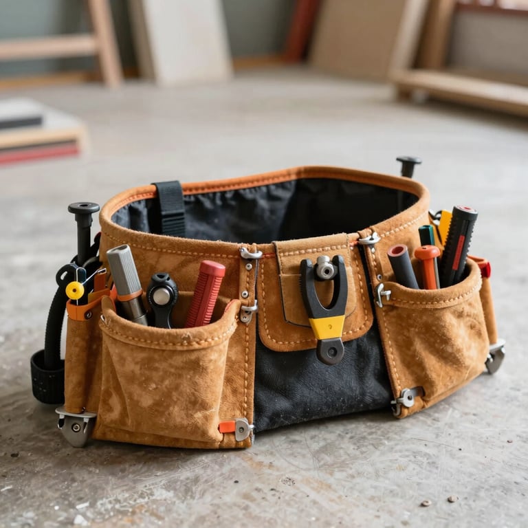 A well-organized professional tool belt resting on a clean floor in a North American / US construction site.