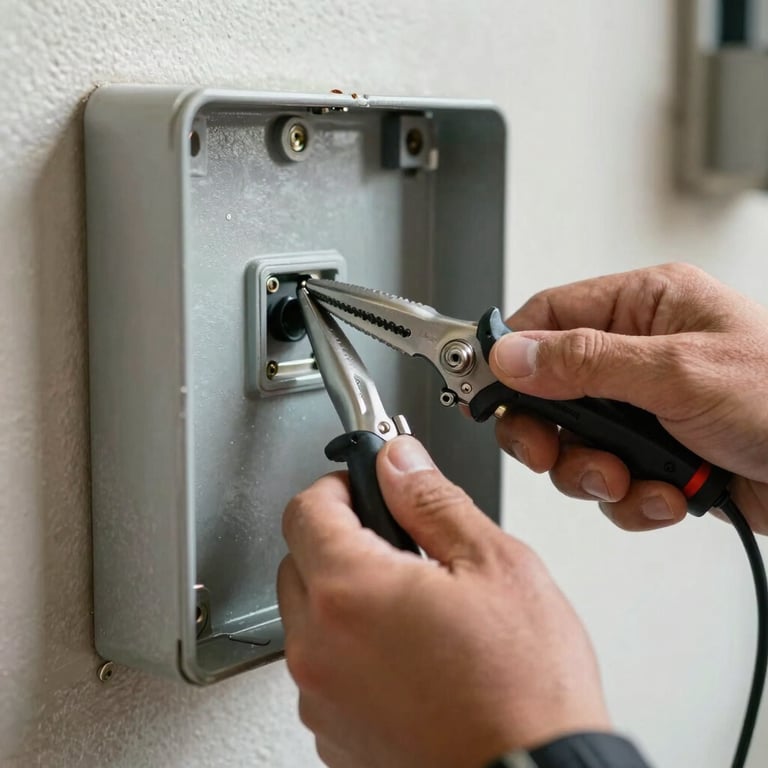 Close-up of a hand using professional tools to secure a wire inside a pale silver electrical box in a North American / US garage.