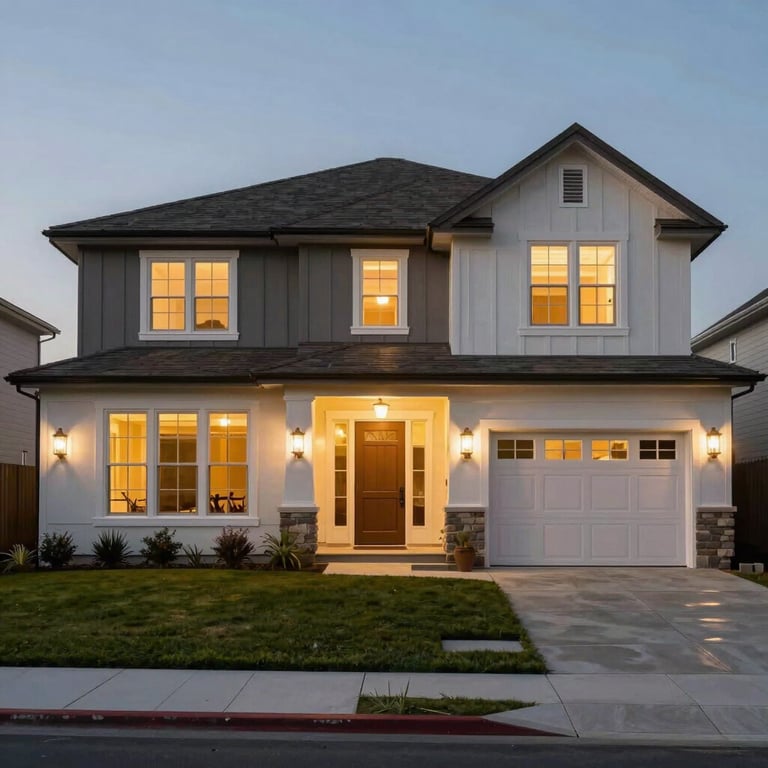 An exterior view of a North American / US home in Lemoore with sophisticated architectural lighting at dusk.