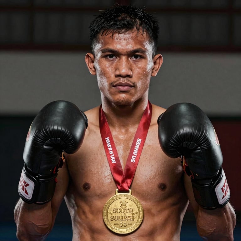 Dignified portrait of a champion kickboxer from South Sulawesi wearing a gold medal, intense expression, low-key lighting