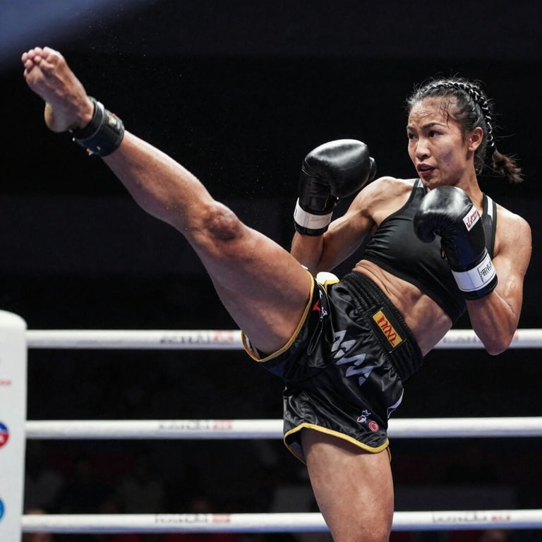 Action shot of a female kickboxer from Makassar executing a perfect high kick, dramatic ring lighting, sweat and power