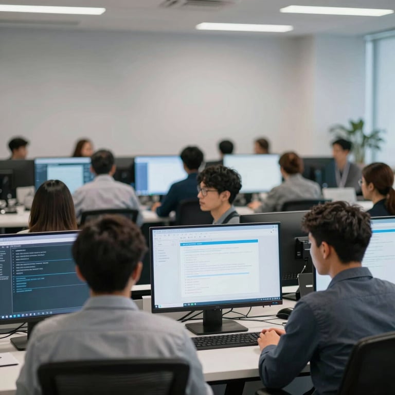 A team of diverse IT professionals working in a sophisticated, minimalist command center with multiple monitors.