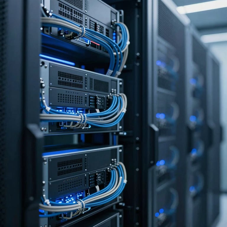 Sleek, modern server room with blue ambient lighting and organized cabling, representing technical excellence and stability.