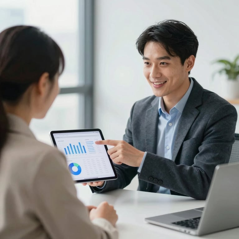 An IT consultant pointing at a clean tablet screen showing data analytics, collaborating with a client in a bright office.