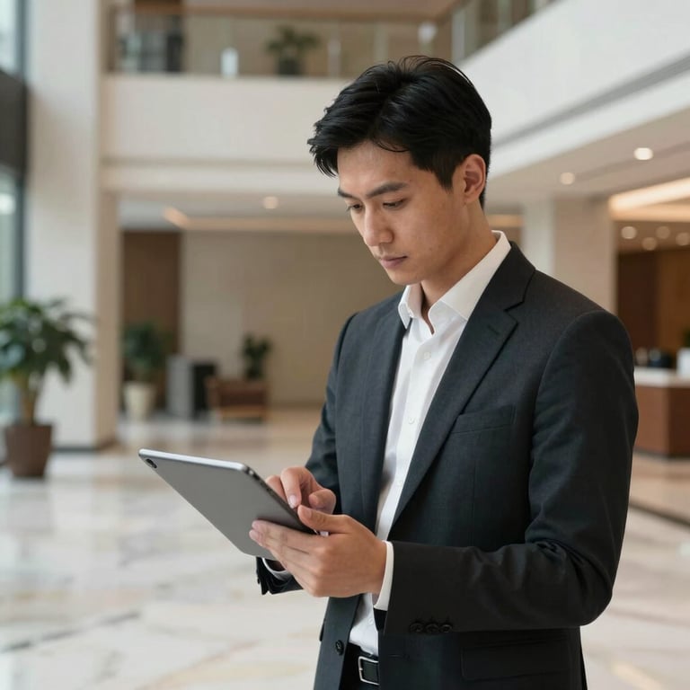 A focused professional working on a tablet in a bright, high-end corporate lobby with marble floors.