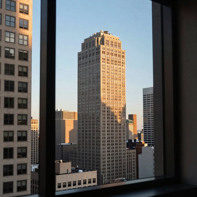City view from a high-rise office window in the United States, showing architectural details and clear skies.