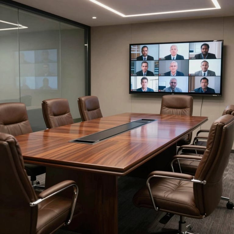 A sleek, empty boardroom with leather chairs and high-end video conferencing equipment.