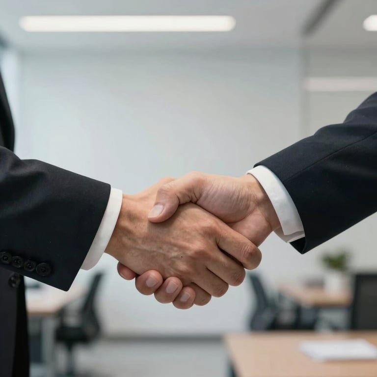 Close-up of a handshake between two professionals in a minimalist, modern office setting.