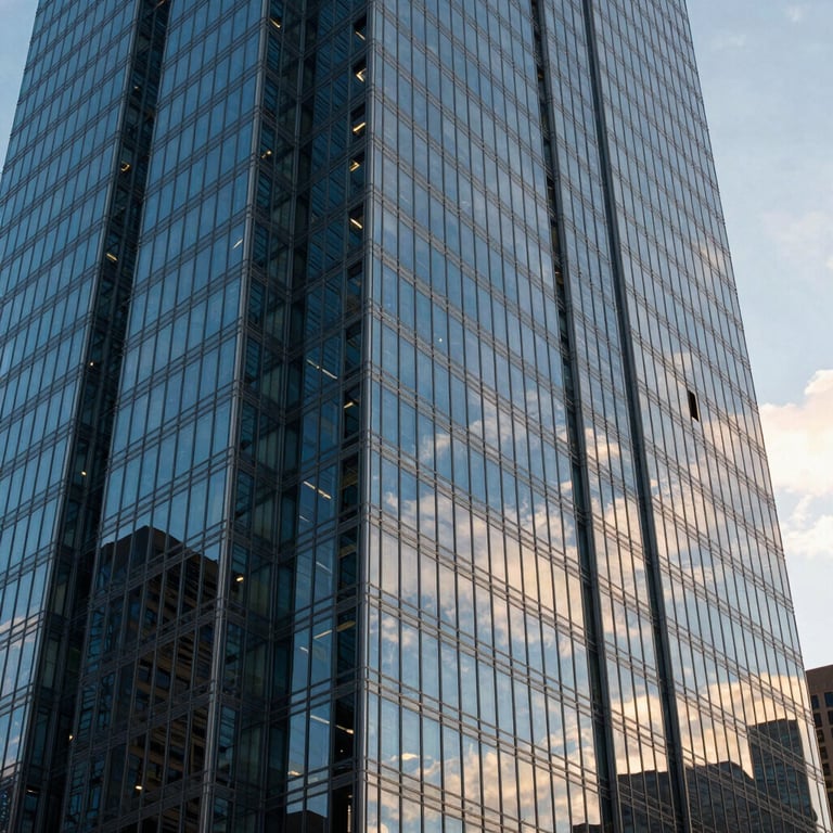 Modern North American skyscraper exterior with a blue glass facade reflecting the morning sky.