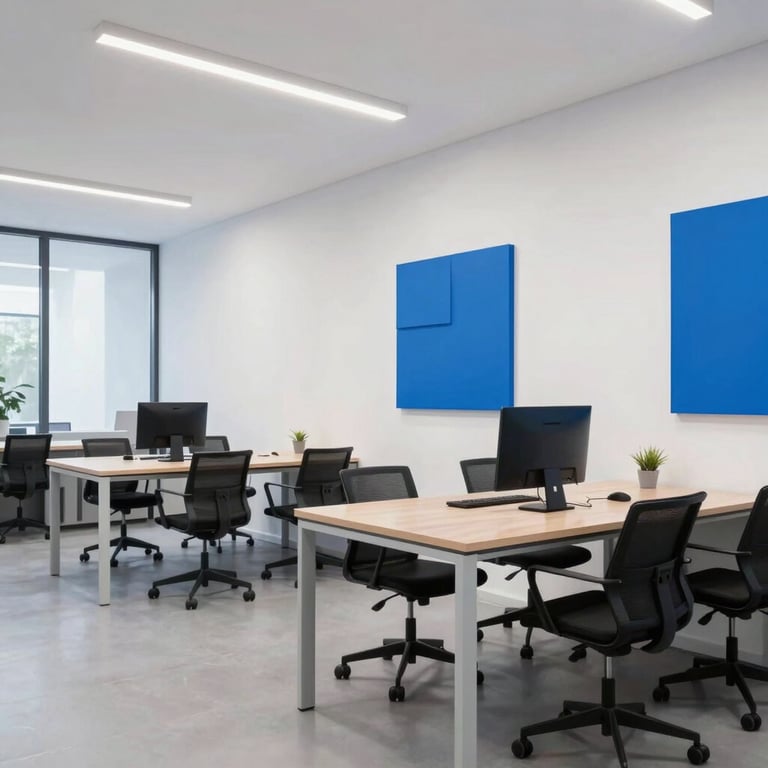 A stylish, modern co-working space with clean lines, white walls, and electric blue decorative accents.