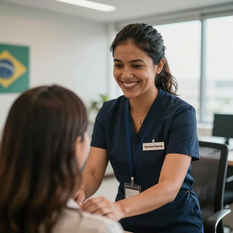A South American professional attendant smiling while assisting a client, soft natural lighting in a contemporary Brazilian office environment.