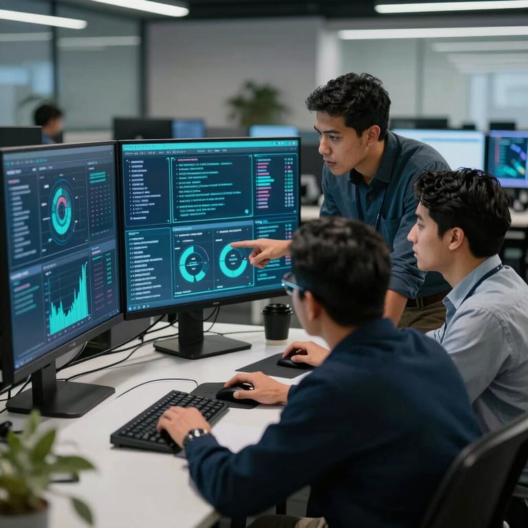 A dynamic shot of a team of South American professionals in a tech-focused hub, collaborating over digital dashboards in shades of teal and dark blue.