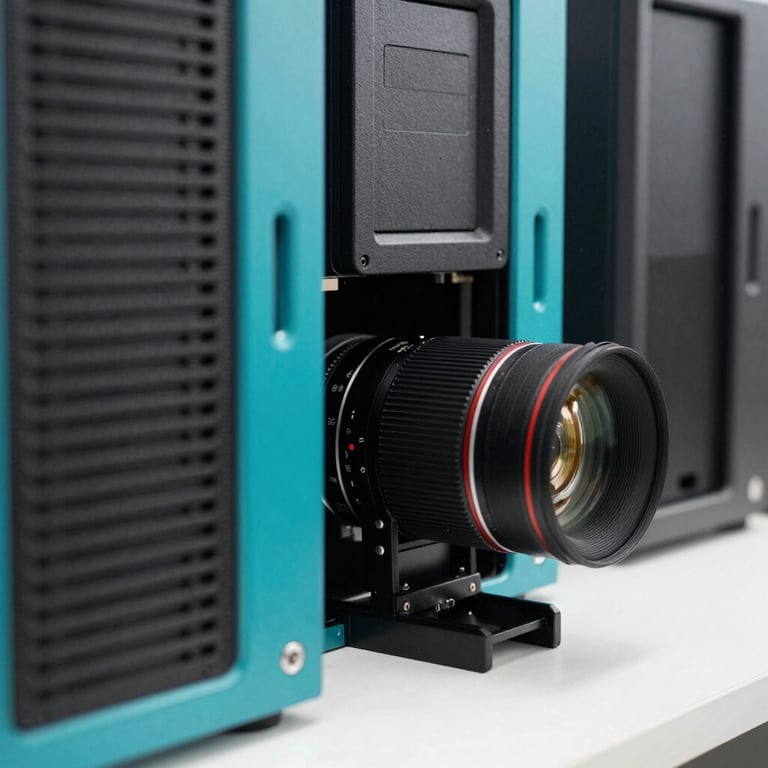 Macro shot of a high-performance workstation showing a clean, organized setup with teal branding elements and professional gear.