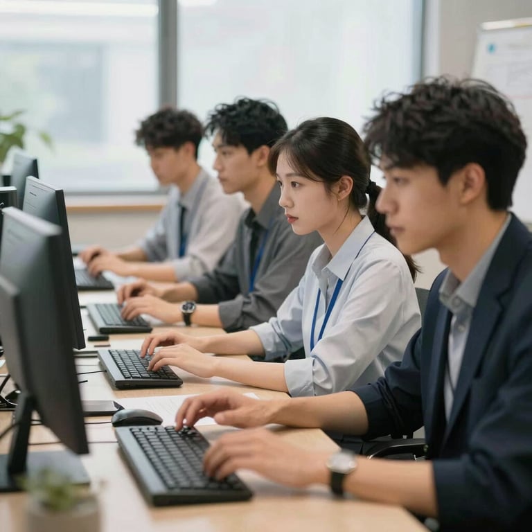 A group of focused workers in a bright, energetic office setting, conveying a sense of speed and high-performance communication.