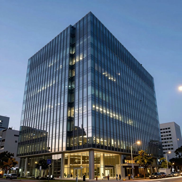 Exterior of a modern glass office building in a South American business district at dusk, illuminated with cool blue professional lighting.