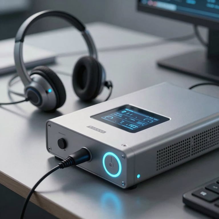 Close-up of high-end telecommunication equipment on a sleek desk, featuring a modern headset and a digital interface with light blue glowing accents.