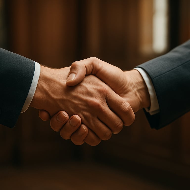 A detail shot of a firm handshake between two individuals in a traditional setting, symbolizing trust and mutual commitment.