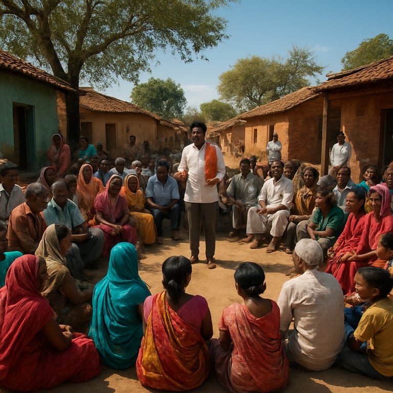 A wide shot of a community gathering in a vibrant South Asian / Indian village, showing unity and engagement under a clear sky.