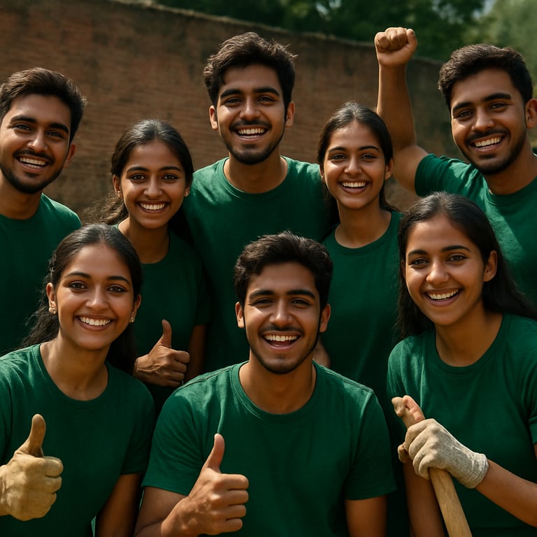 A group photo of diverse South Asian / Indian youth volunteers working on a local project, conveying energy and hope.