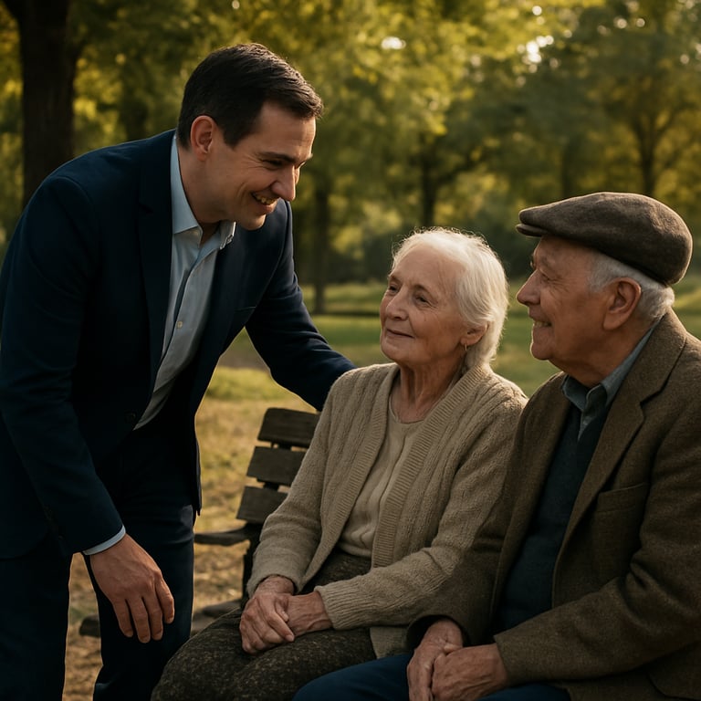 A heartwarming moment of a leader interacting with elderly citizens in a local park, emphasizing respect and community care.