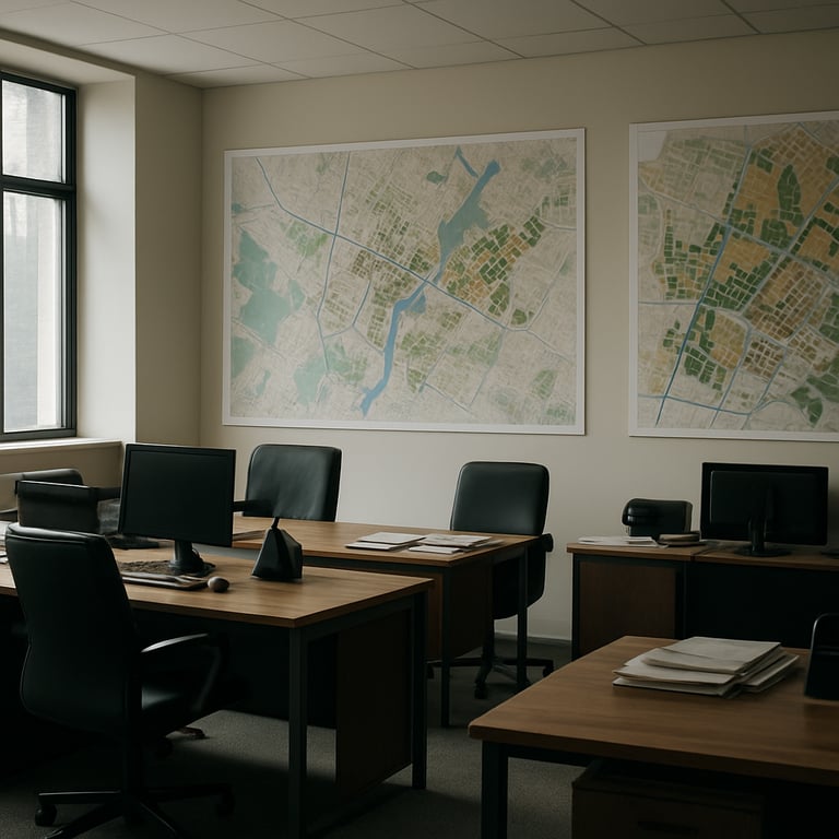 An interior shot of a modern government office with maps and development plans, showing a forward-thinking administrative style.