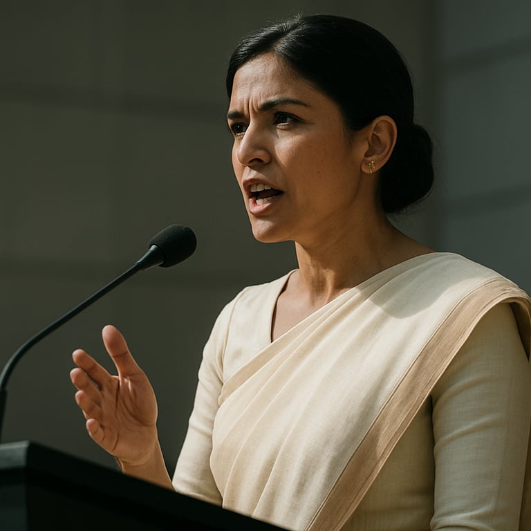 A close-up of a female leader speaking with conviction at a podium, dressed in traditional attire with a clean, modern aesthetic.