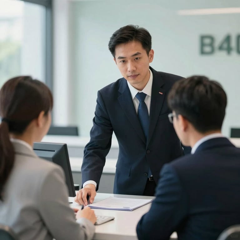 A focused civil servant assisting a citizen at a modern reception desk, professional attire, soft natural lighting, background hints of #B4D3C5.