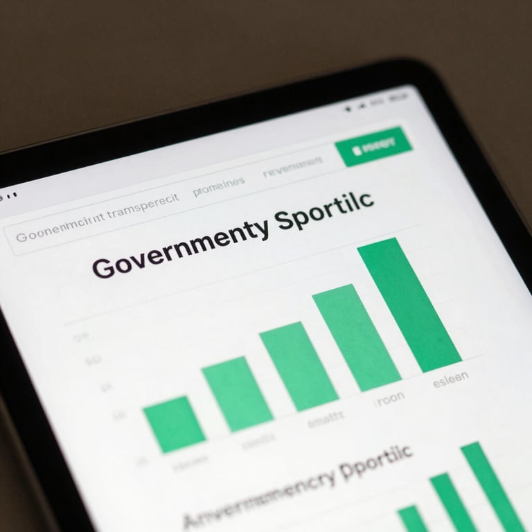 A close-up of a digital tablet showing a government transparency portal with green charts and clear text.