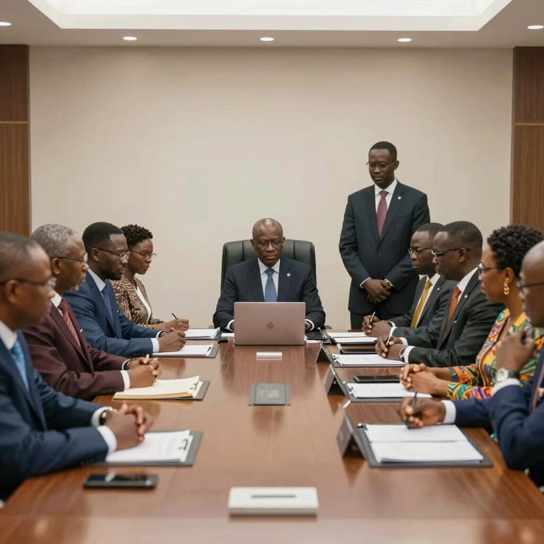 A diverse group of Nigerian public officials engaged in a collaborative meeting in a sophisticated boardroom.