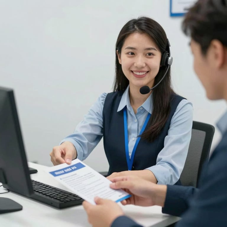 An information officer at a help desk providing pamphlets to a visitor, smiling and approachable, clean environment.