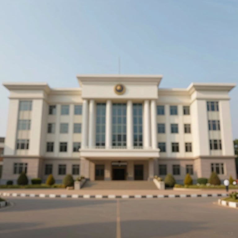 Wide exterior shot of a Nigerian embassy building in a major global capital, dignified and prestigious, daytime lighting.
