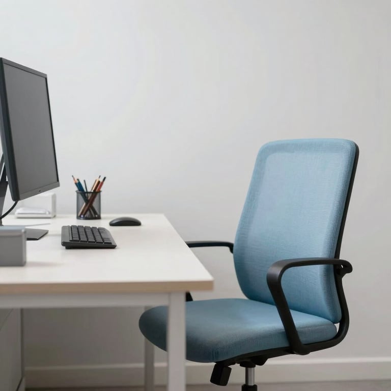 A minimalist workspace featuring a clean desk and a soft sky blue chair in a brightly lit, trustworthy office.