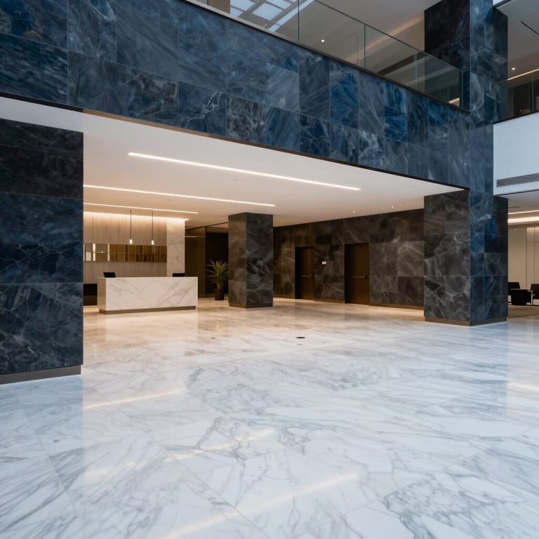 A wide shot of a sleek corporate lobby with pale ice white marble floors and dark slate blue architectural details.