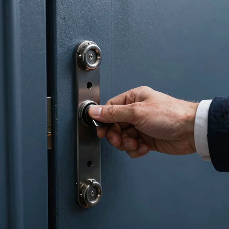A close-up of a professional's hand opening a heavy door, symbolizing opportunity, in refined dark slate blue lighting.