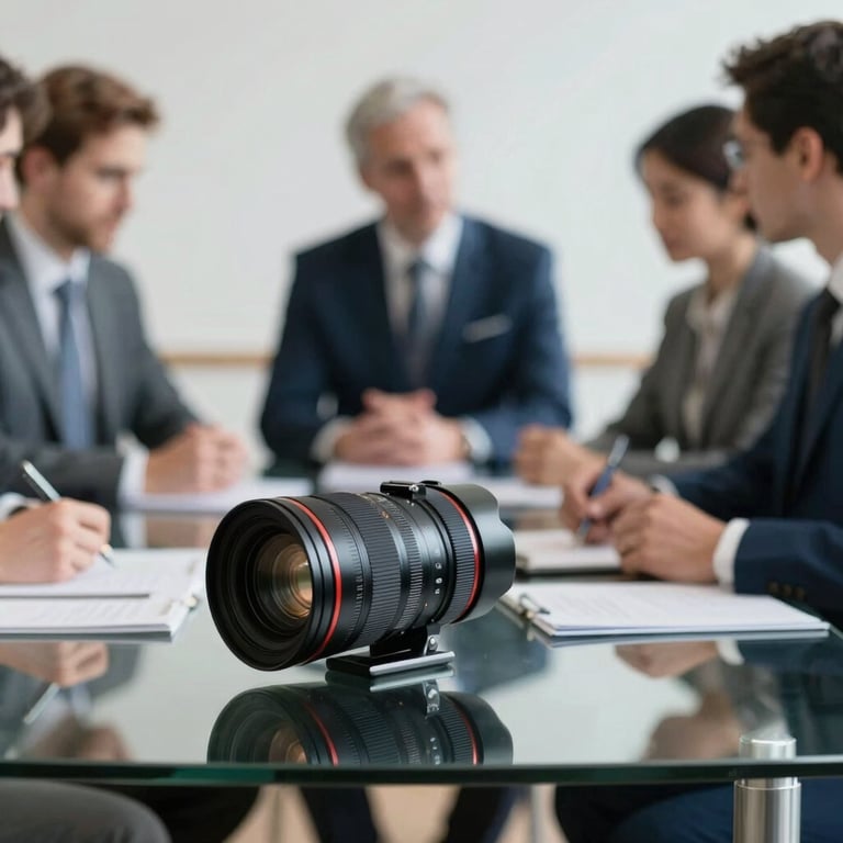 A blurred, professional meeting in progress with a focus on a glass table and muted navy blue accents.