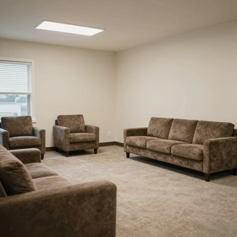A clean, spacious common area in a North American sober living home with off-white walls and comfortable, professional furnishings.