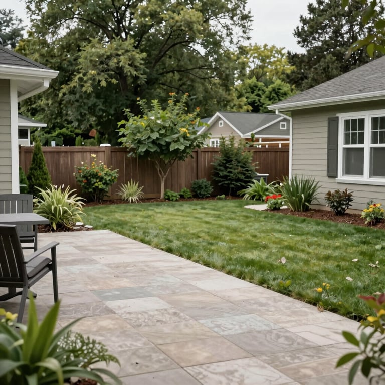 A well-maintained backyard with a patio and greenery, representing a serene and stable North American home environment.