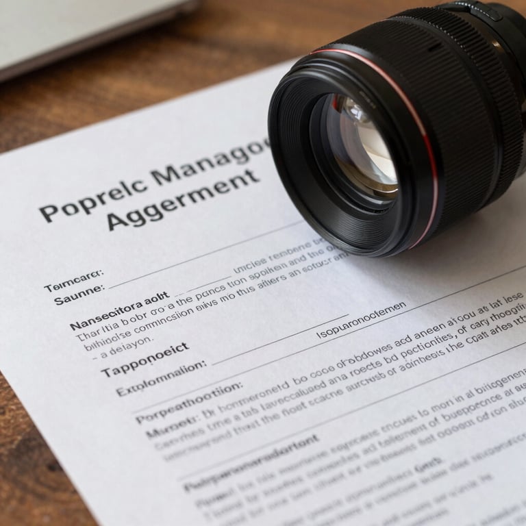 A detail of a professional property management agreement on a wooden desk, symbolizing ethical and reliable business practices.