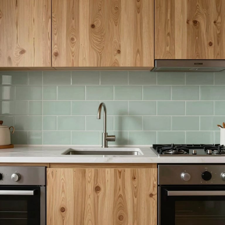An organized, modern kitchen in a residential property, featuring natural wood elements and soft sage green tiles.