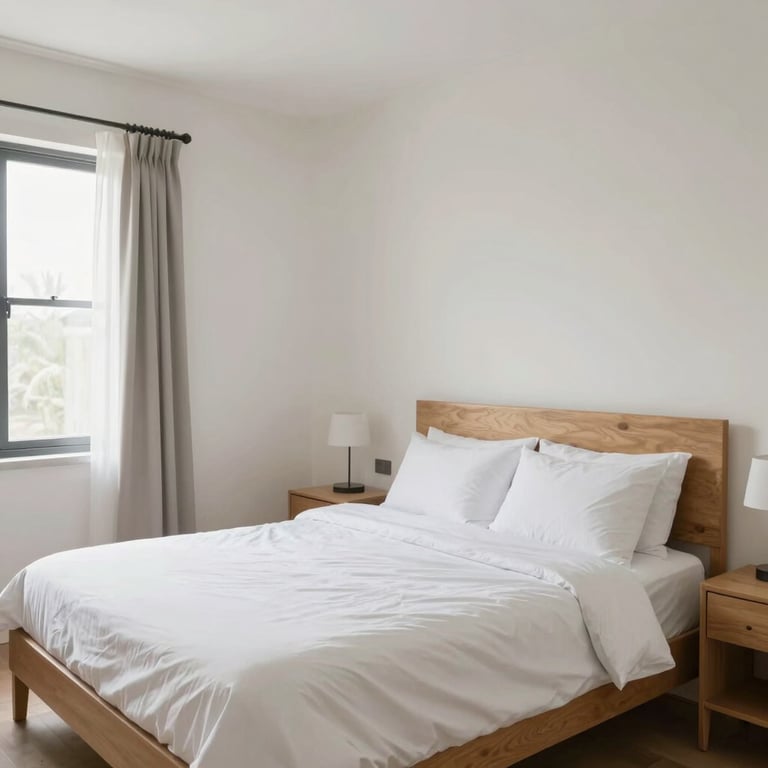 A bright, peaceful bedroom in a recovery residence, designed with simplicity and high standards of cleanliness.