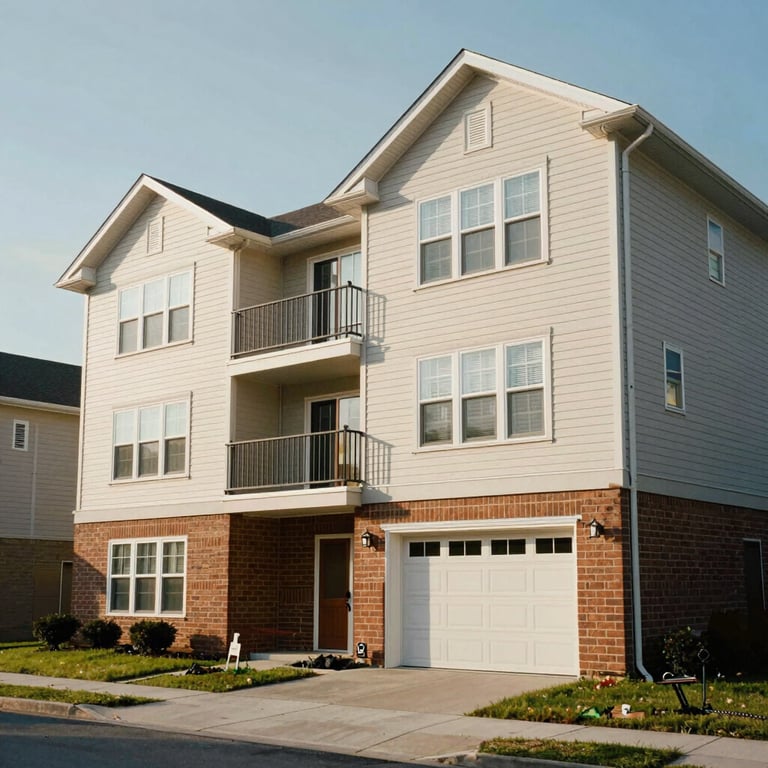The exterior of a multi-unit residential building in a North American neighborhood, well-cared for and secure.