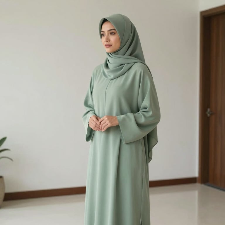 A woman in a minimalist sage green abaya standing elegantly in a serene, modern Indonesian interior with clean lines.