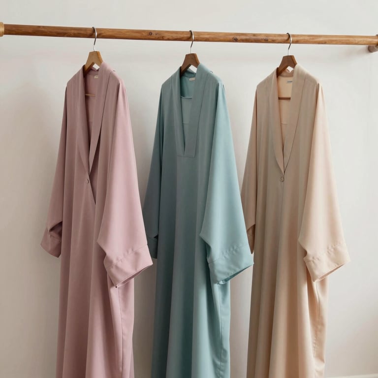 Three different pastel-colored abayas hanging on a simple wooden rail against a clean off-white wall.