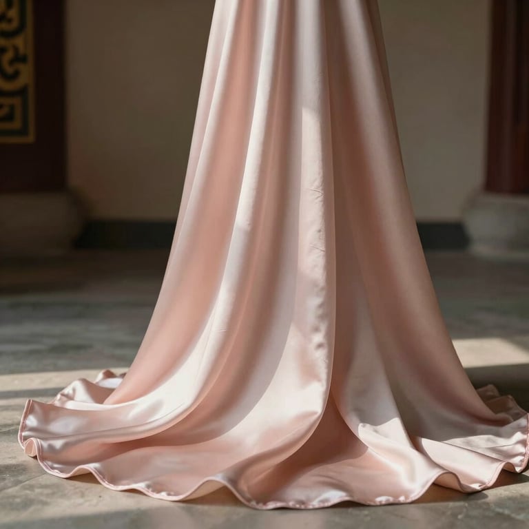 Soft photography of draped pale rose silk fabric in natural morning light within a minimalist Southeast Asian setting.