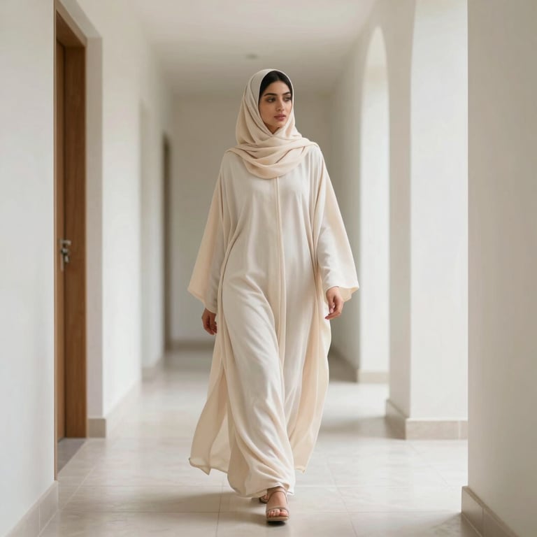 A woman in a flowing off-white abaya walking gracefully through a bright, airy hallway with minimalist decor.