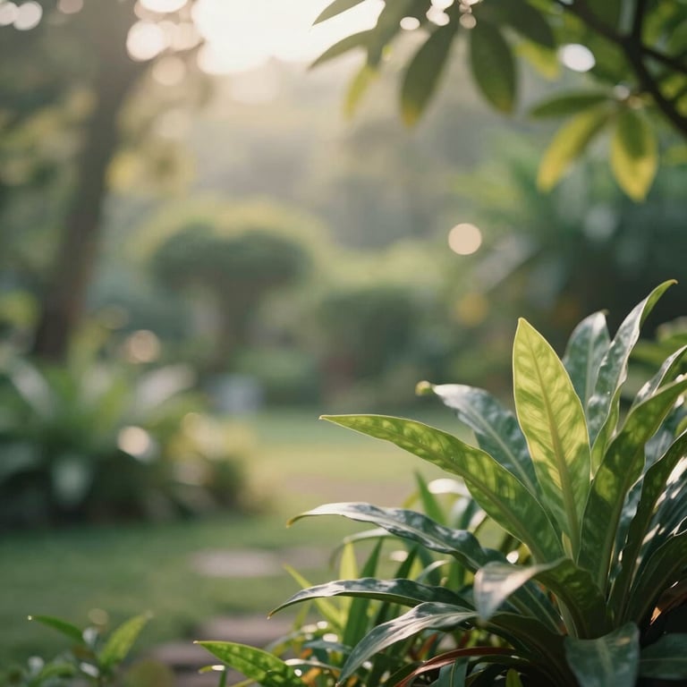 A peaceful garden setting in Indonesia with soft-focus greenery and warm, diffused sunlight in the background.