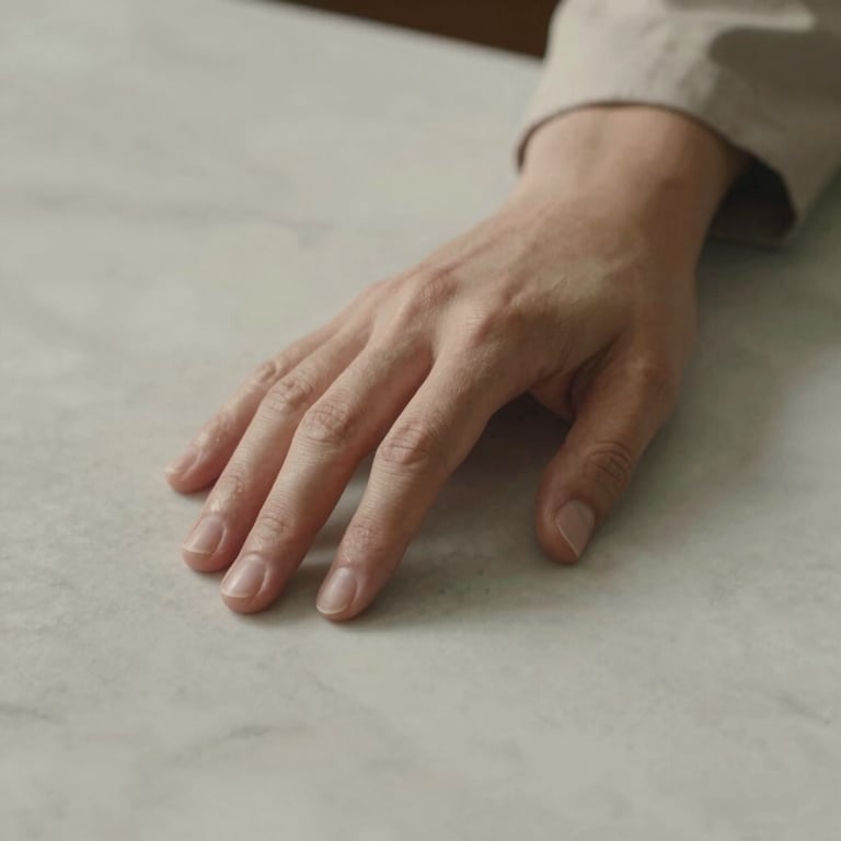 Detail shot of a hand wearing a modest garment, touching a smooth, neutral-toned marble surface.
