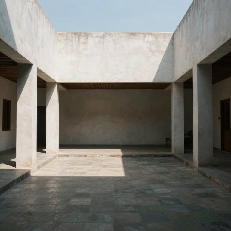A sunlit Indonesian courtyard with minimalist architecture and soft shadows, reflecting a calm and modest atmosphere.