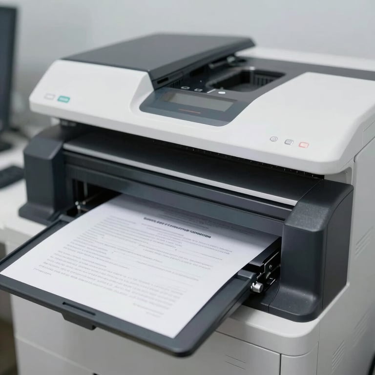 A high-speed professional scanner processing legal documents, symbolizing efficiency and digital automation.